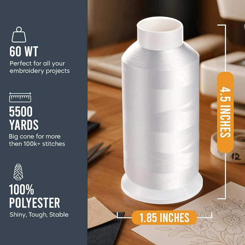ThreadNanny White Embroidery Machine Bobbin Thread - Huge 5500yards Cone Spool - 60 WT Polyester for Brother Janome Singer Embroidery Machines - Image 1