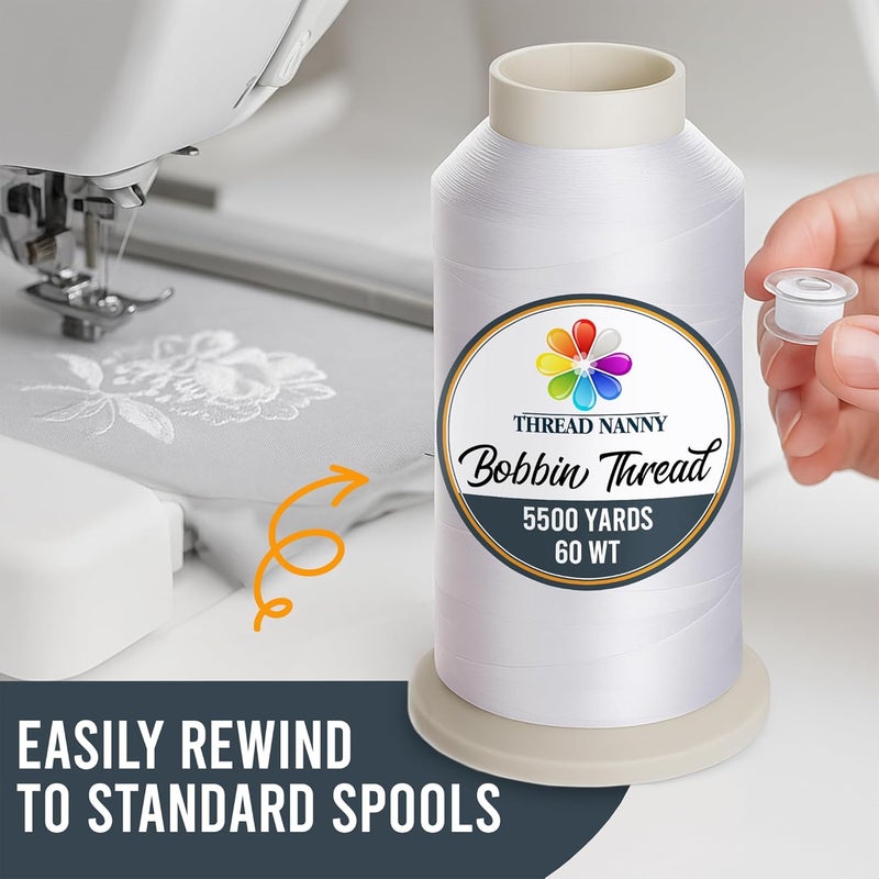 ThreadNanny White Embroidery Machine Bobbin Thread - Huge 5500yards Cone Spool - 60 WT Polyester for Brother Janome Singer Embroidery Machines - Image 3