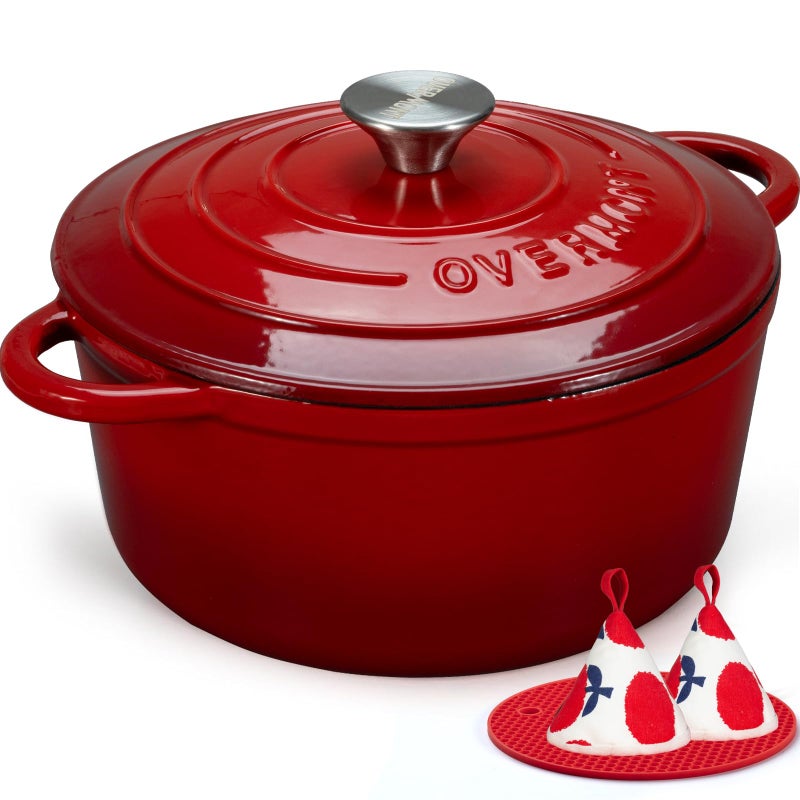 Overmont Enameled Cast Iron Dutch Oven - 7QT Pot with Lid Cookbook & Cotton Potholders - Heavy-Duty Cookware for Braising, Stews, Roasting, Bread Baking red - Image 1