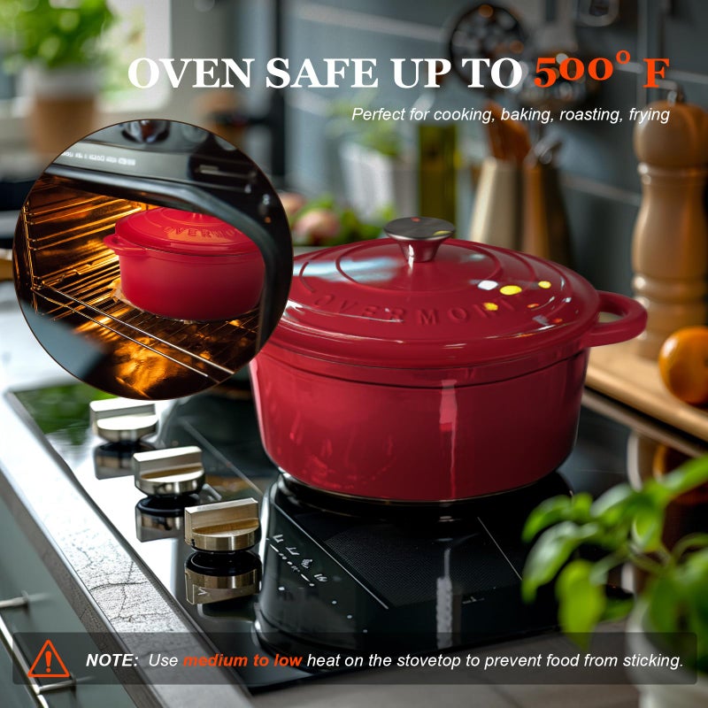 Overmont Enameled Cast Iron Dutch Oven - 7QT Pot with Lid Cookbook & Cotton Potholders - Heavy-Duty Cookware for Braising, Stews, Roasting, Bread Baking red - Image 5