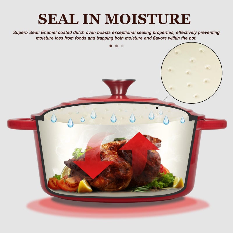 Overmont Enameled Cast Iron Dutch Oven - 7QT Pot with Lid Cookbook & Cotton Potholders - Heavy-Duty Cookware for Braising, Stews, Roasting, Bread Baking red - Image 2
