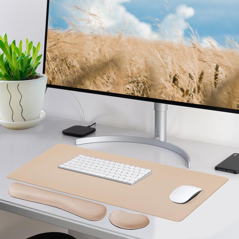 Bloss Leather Desk Pad and Keyboard Wrist Rest, Large Mouse Pad + Keyboard Pad+Mouse Wrist Support, Non-Slip Desk Mat Protector for Office, Home(31.5Ã—15.7 Inches,Beige) - Image 2