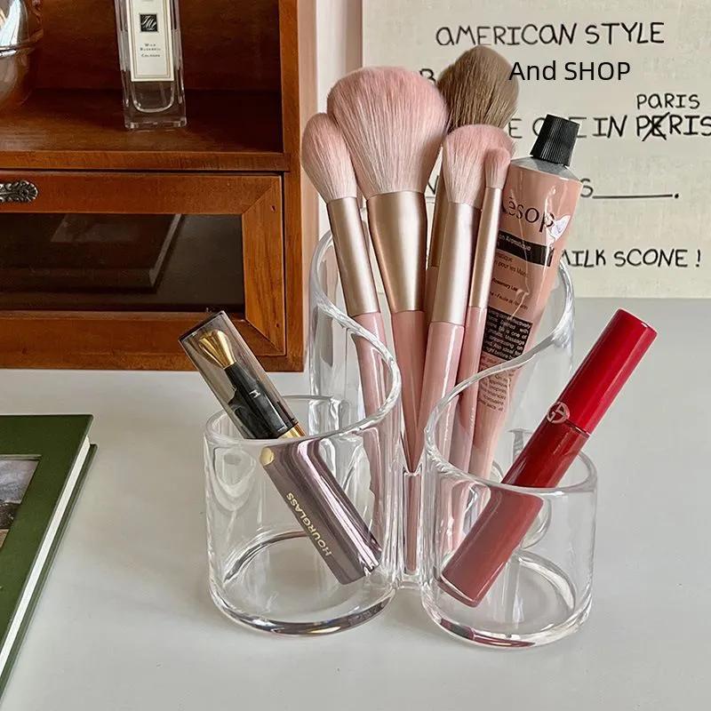 Acrylic Makeup Brush Holder: Transparent 3-grid Round Desktop Storage - Clear Cosmetic Organizer for Beauty Desk & Student Workspace - Image 2