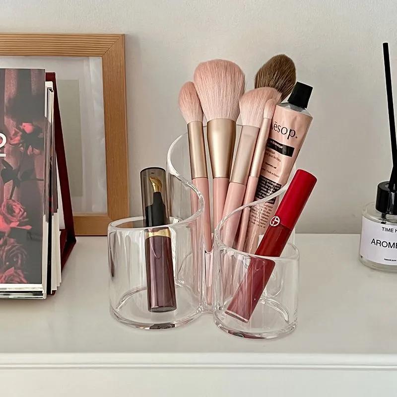 Acrylic Makeup Brush Holder: Transparent 3-grid Round Desktop Storage - Clear Cosmetic Organizer for Beauty Desk & Student Workspace - Image 1