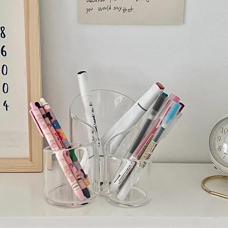 Acrylic Makeup Brush Holder: Transparent 3-grid Round Desktop Storage - Clear Cosmetic Organizer for Beauty Desk & Student Workspace - Image 4