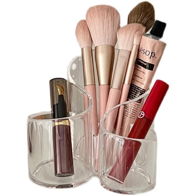 Acrylic Makeup Brush Holder: Transparent 3-grid Round Desktop Storage - Clear Cosmetic Organizer for Beauty Desk & Student Workspace - Image 5