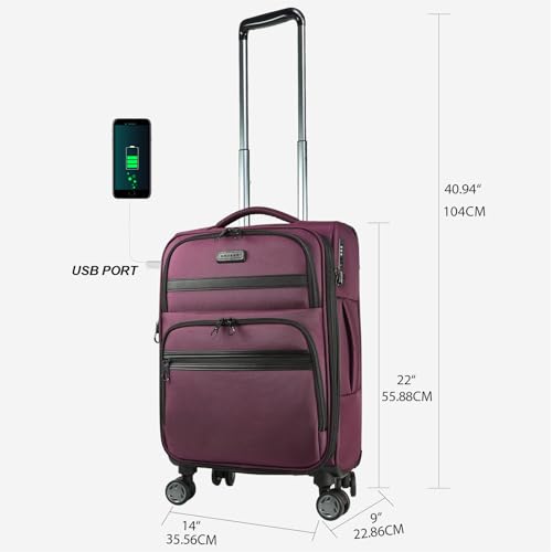 KROSER Softside Expandable Carry On Luggage with Front Business Pockets20 Inch Suitcases with Spinner Wheels Builtin TSA Lock Durable Suitcase Rolling Luggage with USB Port Burgundy - Image 3