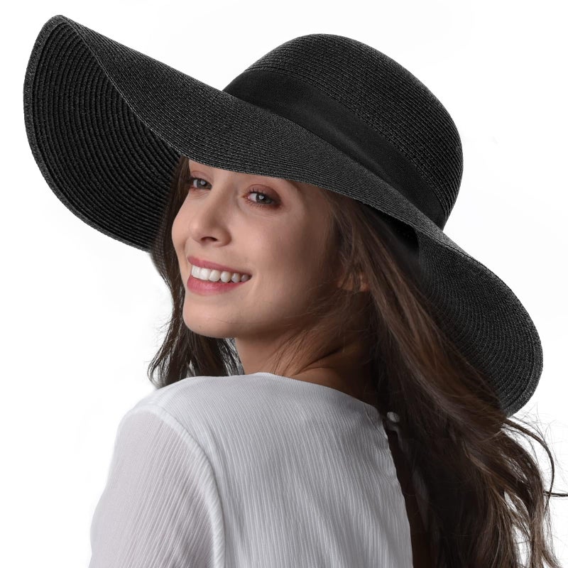 FURTALK Womens Sun Straw Hat Wide Brim UPF 80 Summer Hat Foldable Packable Floppy Beach Hats for Women Pure Black,Medium-Large - Image 1