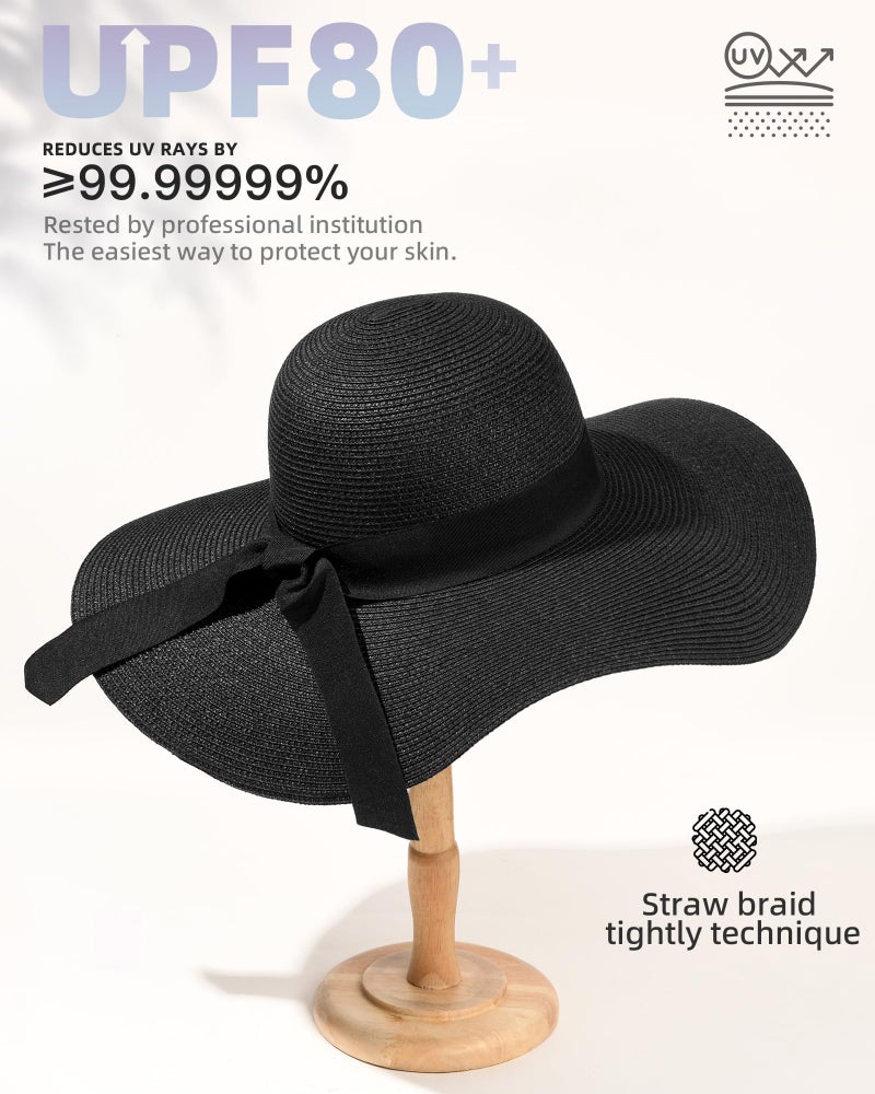 FURTALK Womens Sun Straw Hat Wide Brim UPF 80 Summer Hat Foldable Packable Floppy Beach Hats for Women Pure Black,Medium-Large - Image 2