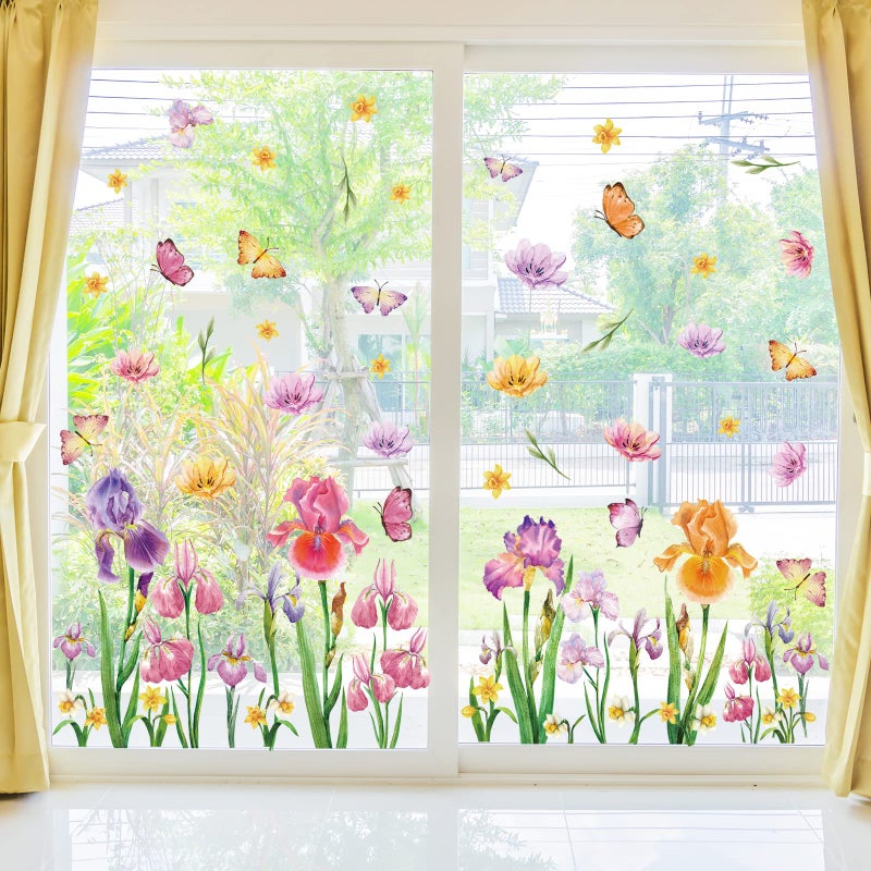ملصقات نوافذ زهور الربيع من واهلين 6 أوراق زهور السوسن والنرجس وزهور كبيرة وفراشات ملصقات نوافذ مضادة للتصادم لتزيين المنزل والفصول الدراسية ولوازم حفلات عيد الميلاد