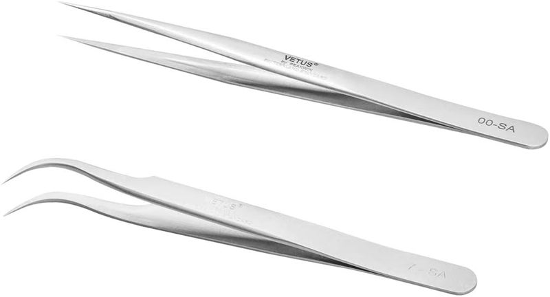 EMEDA Eyelash Extension Tweezers 2 Pieces VETUS Straight and J Curved Tweezers for Eyelash Extensions Precision Lashing Tweezers Professional Tools for Isolation Classic Volume Lash Extensions