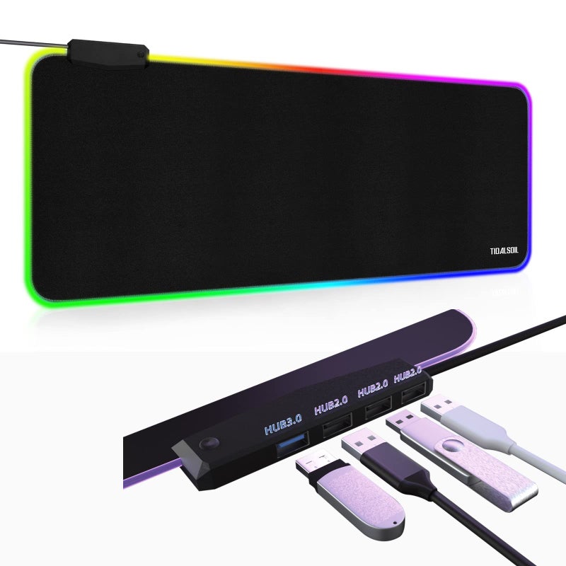 TIDALSOIL RGB Large Gaming Mouse Pad with 4Port USB Hub and 13Lighting Modes, Computer Keyboard Mouse Pad, Oversize Anti-Slip Rubber Base Mouse Mat for Computer PC Games (31.5 x 11.81 in Black,0.15in Thick) - Image 1