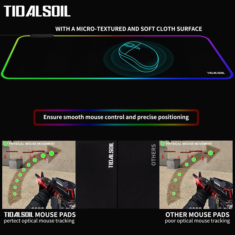 TIDALSOIL RGB Large Gaming Mouse Pad with 4Port USB Hub and 13Lighting Modes, Computer Keyboard Mouse Pad, Oversize Anti-Slip Rubber Base Mouse Mat for Computer PC Games (31.5 x 11.81 in Black,0.15in Thick) - Image 4