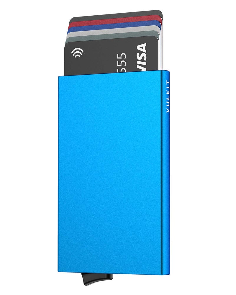 VULKIT محفظة فالكيت القابلة للفتح، حامل بطاقات ائتمان نحيف ومينيمالي للرجال والنساء، علبة معدنية زرقاء مع حجب RFID - Image 1