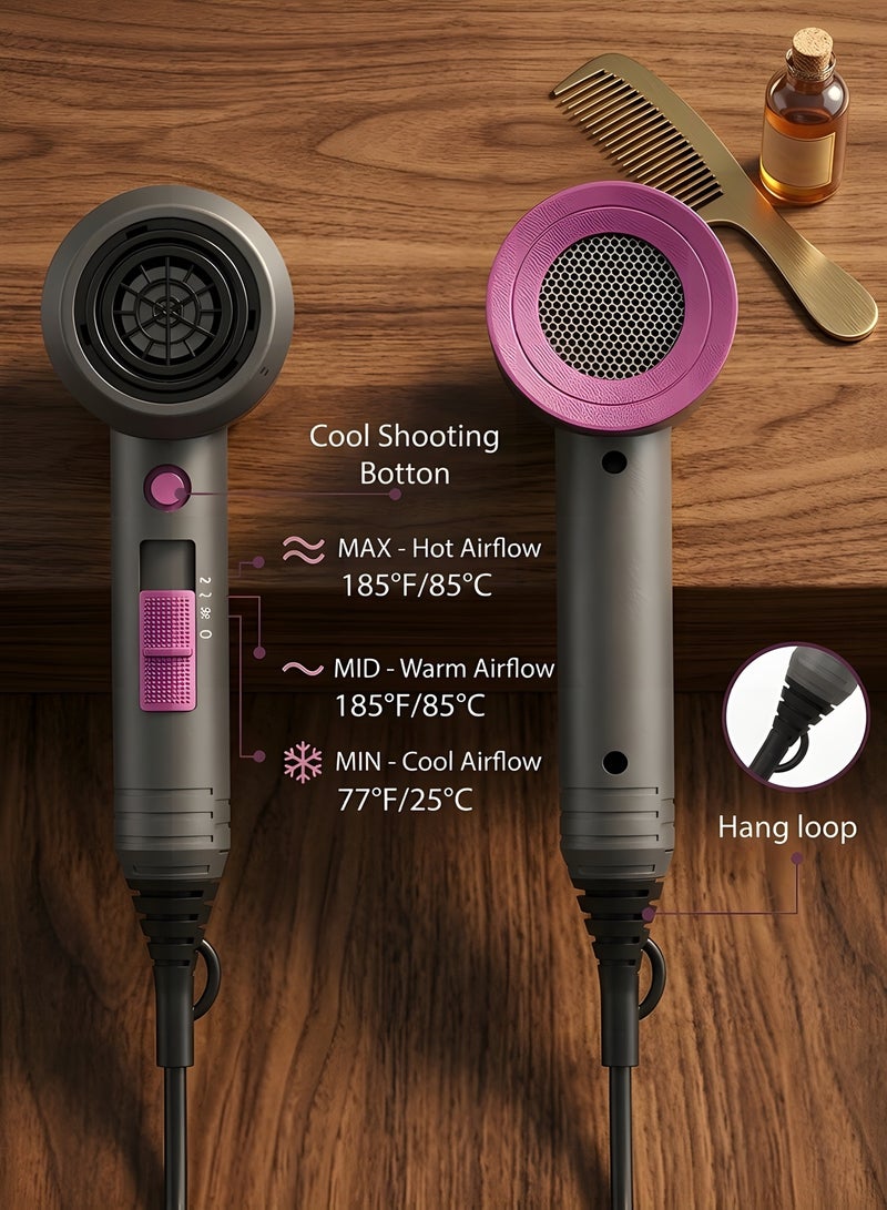 بيوينتي مجفف شعر احترافي مع ملحق تشتيت، بقوة 1800 واط للشعر المجعد، صغير الحجم ومنخفض الضوضاء مثالي للمنزل وصالونات التجميل والسفر، مع 3 إعدادات حرارة وزر تبريد - Image 4