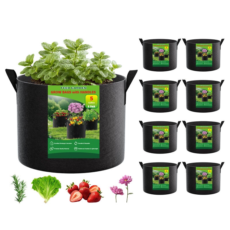 FEED GARDEN 5 Gallon Grow Bags 8 Pack â€“ 300G Thickened Fabric Plant Pots with Reinforced Handles, Breathable Drainage Planters for Vegetables, Flowers & Herbs Indoor Outdoor - Image 1
