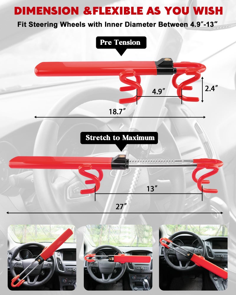 Tevlaphee Steering Wheel Lock Anti-Theft Car Device Heavy Duty Security Car Lock Antitheft Locking Devices Great Deterrent Adjustable Car Wheel Lock Anti Theft for Vehicle Truck SUV with 3 Keys (Red) - Image 2