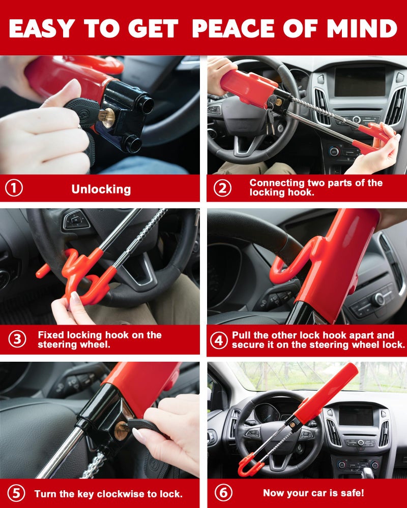 Tevlaphee Steering Wheel Lock Anti-Theft Car Device Heavy Duty Security Car Lock Antitheft Locking Devices Great Deterrent Adjustable Car Wheel Lock Anti Theft for Vehicle Truck SUV with 3 Keys (Red) - Image 5