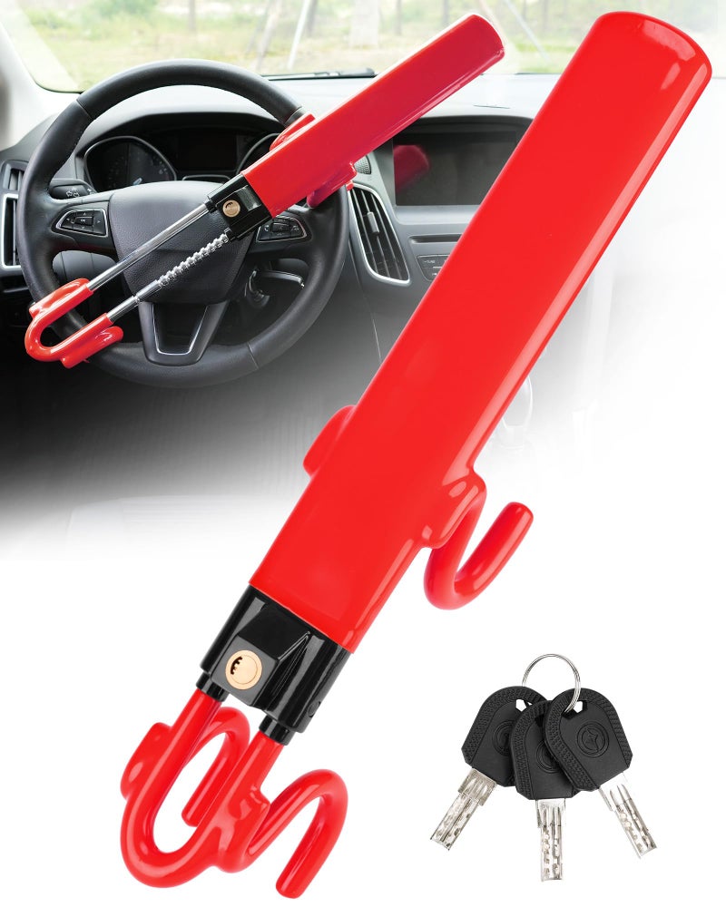 Tevlaphee Steering Wheel Lock Anti-Theft Car Device Heavy Duty Security Car Lock Antitheft Locking Devices Great Deterrent Adjustable Car Wheel Lock Anti Theft for Vehicle Truck SUV with 3 Keys (Red) - Image 1