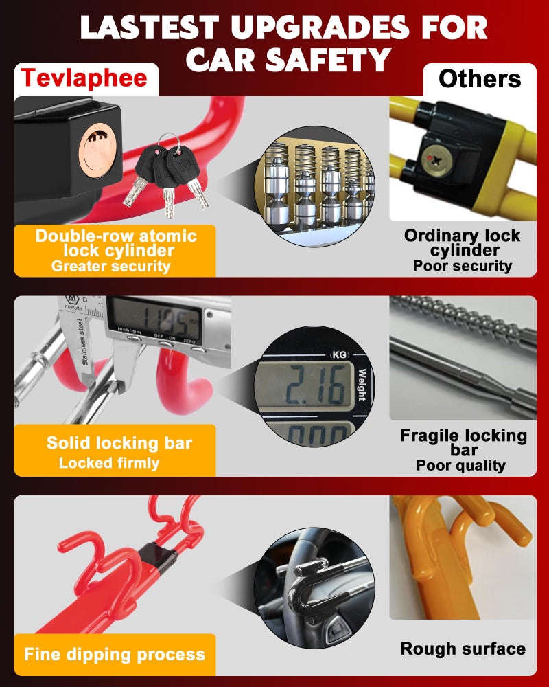 Tevlaphee Steering Wheel Lock Anti-Theft Car Device Heavy Duty Security Car Lock Antitheft Locking Devices Great Deterrent Adjustable Car Wheel Lock Anti Theft for Vehicle Truck SUV with 3 Keys (Red) - Image 3
