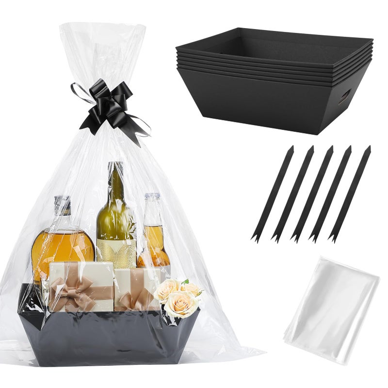 Beeplove 6 Sets Large Thick Kraft Baskets for Gifts Empty - Gift Baskets Empty Kit with Cellophane Wrap and Pull Bows for Valentine's Day Wedding Birthday Bridesmaid Baby Shower, Black - Image 1