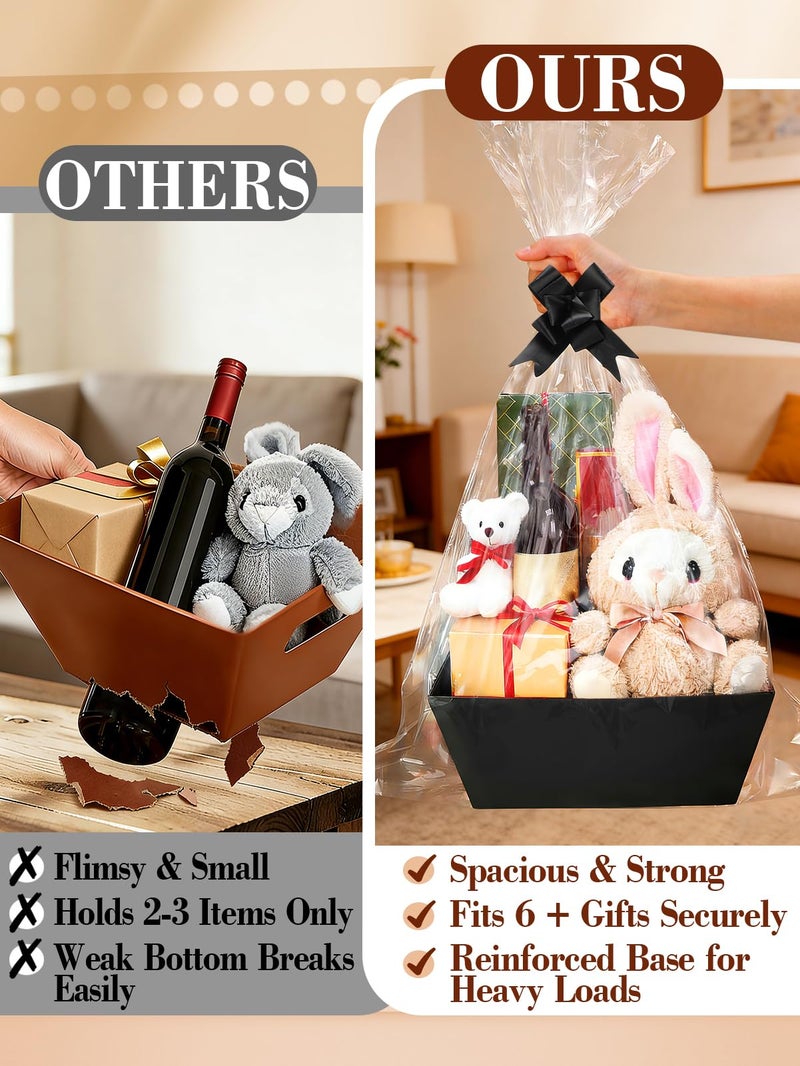 Beeplove 6 Sets Large Thick Kraft Baskets for Gifts Empty - Gift Baskets Empty Kit with Cellophane Wrap and Pull Bows for Valentine's Day Wedding Birthday Bridesmaid Baby Shower, Black - Image 2