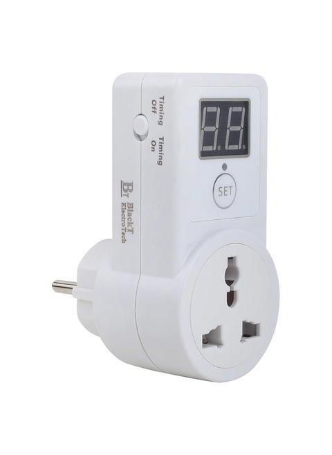 Blackt Elecrotech BT41PL Timer Sockect switch ONOFF Digital display countdown Off delay control socket 230 volt for Laptop Mobile charger ebike Sign boards Min delay 10 min White