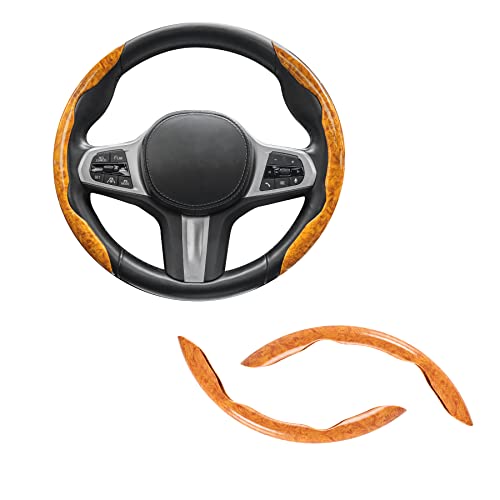 amiss غطاء عجلة القيادة من أميش بتصميم خشبي، ملحقات داخلية للسيارة، 2 قطعة واقي عجلة قيادة مقسم، واقي غطاء عجلة سيارة عالمي 99% (أصفر) - Image 1