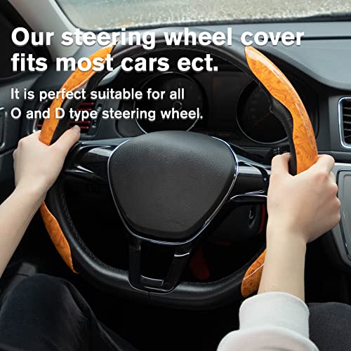 amiss غطاء عجلة القيادة من أميش بتصميم خشبي، ملحقات داخلية للسيارة، 2 قطعة واقي عجلة قيادة مقسم، واقي غطاء عجلة سيارة عالمي 99% (أصفر) - Image 5