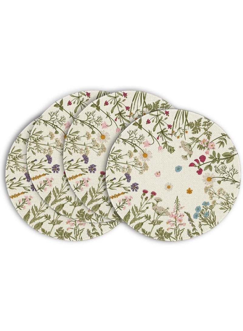 Round Placemats Set of 4, 14 Inch Quilted Cloth Table Mats for Dining Table Decoration, Antique Herbs Wild Flowers Linen Mats, Washable Fabric Place Mats for Indoor and Outdoor Use - Image 1
