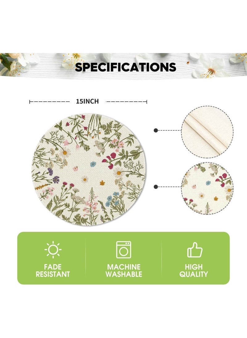 Round Placemats Set of 4, 14 Inch Quilted Cloth Table Mats for Dining Table Decoration, Antique Herbs Wild Flowers Linen Mats, Washable Fabric Place Mats for Indoor and Outdoor Use - Image 5