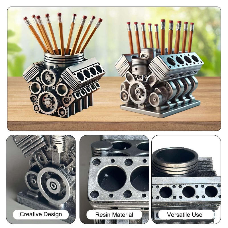 Tizee V8 Engine Model Pen Pencil Holder - Creative Desk Organizer for Home Office| Resin Desktop Stationery Storage with Compartments | Gift for Car Enthusiasts, Mechanics, and Engineers (silvery-B) - Image 3