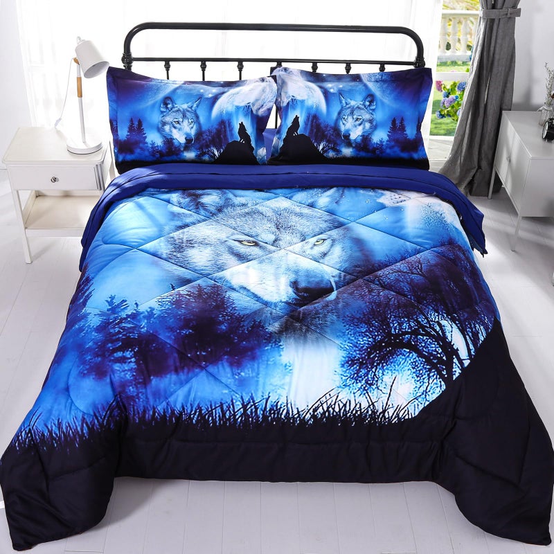 Wowelife Wolf Comforter Set for Queen Bed 5 Piece Wolf Bedding Set Blue Forest Kids Bedding Set Bed in a Bag for Boys with Comforter Flat Sheet Fitted Sheet and 2 Pillowcases