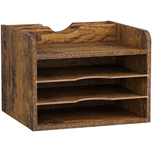 Snughome Vintage Wood File Organizer Desktop 137 Document Letter Mail Tray Sorter with 3 Adjustable Shelves Wooden Desktop Paper File Sorter Holder for School Home Office Supplies Rustic Brown