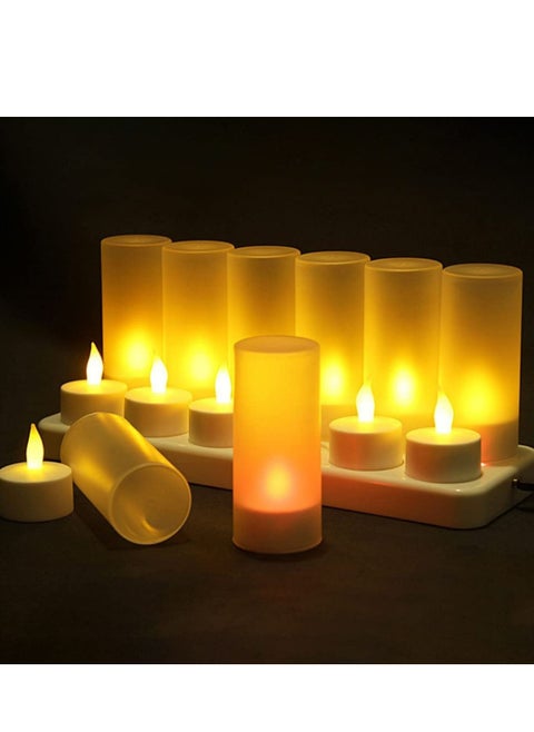 Rechargeable Tealights with Charging Base, 12pcs Flameless Flickering LED Battery Candles with Frosted Cup, Realistic Warm Yellow Decorative Lights for Valen tines Home Table Decor