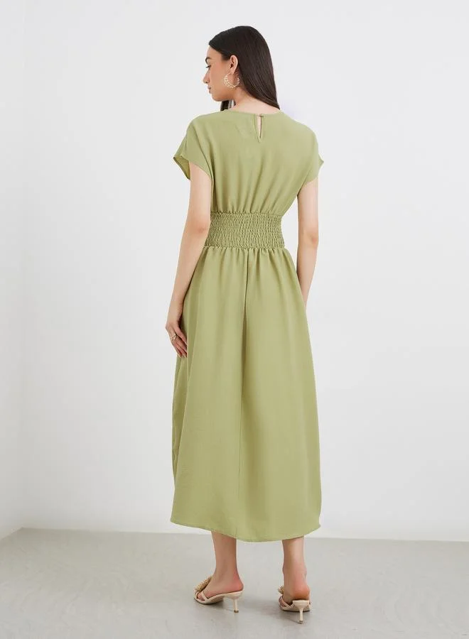 Take Two Take Two Solid Smocked Waist Round Neck Midi Dress