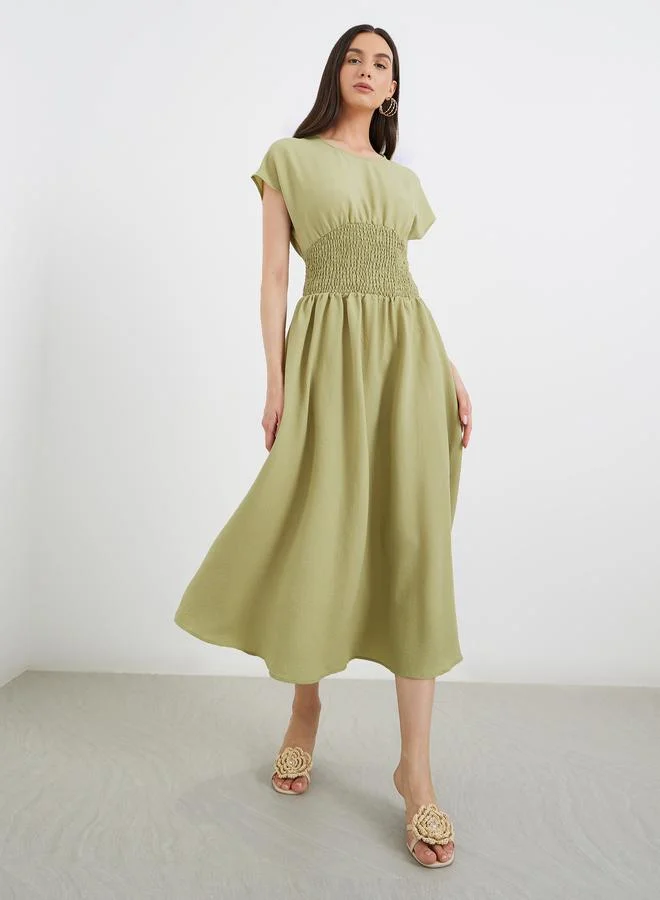 Take Two Take Two Solid Smocked Waist Round Neck Midi Dress