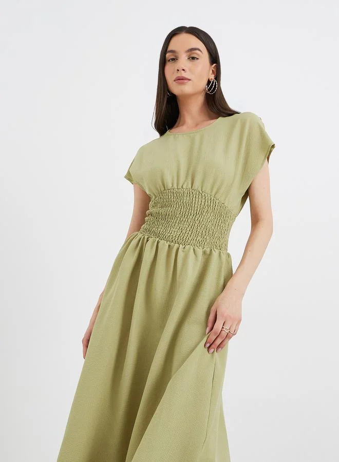 Take Two Take Two Solid Smocked Waist Round Neck Midi Dress