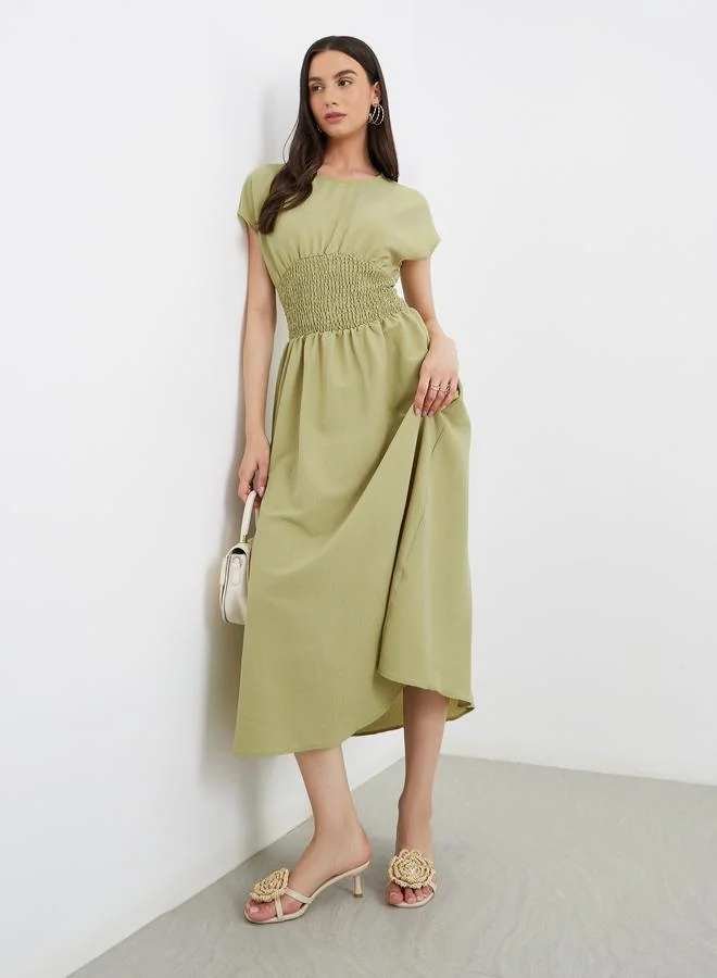 Take Two Take Two Solid Smocked Waist Round Neck Midi Dress