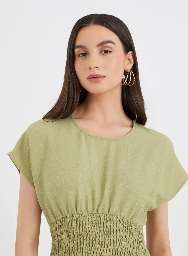 Take Two Take Two Solid Smocked Waist Round Neck Midi Dress
