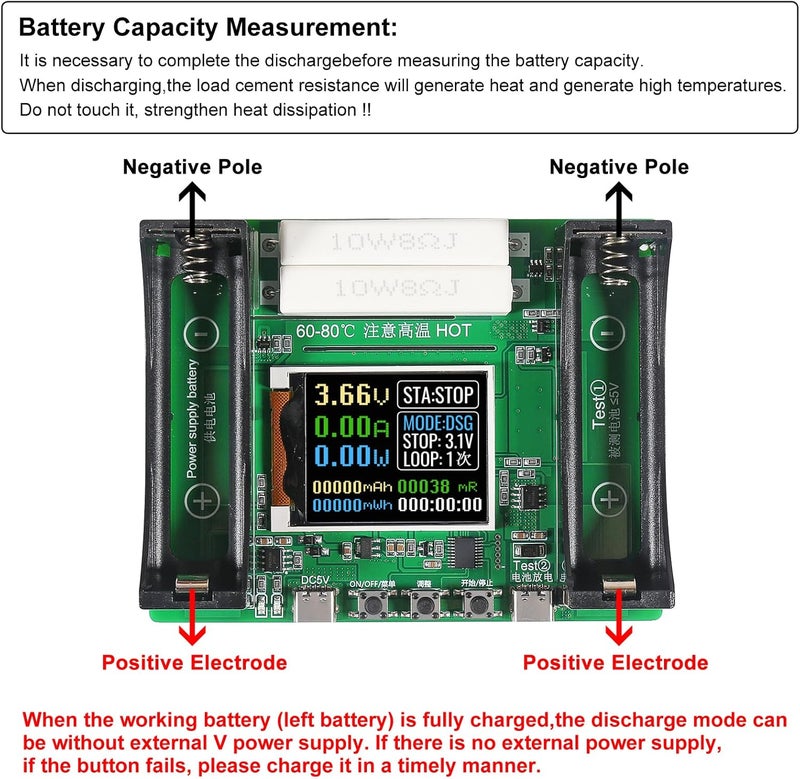 AITIAO 1Pcs Type-C 18650 Battery Capacity Tester Lithium Battery Internal Resistance Digital Display Detector 1-Channel Automatic Charge Discharge Module for Flat Ends 18650 Batteries - Image 3