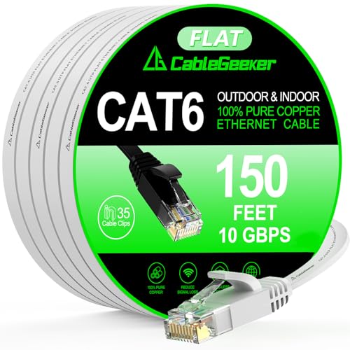 CableGeeker Cat 6 Ethernet Cable 150 ft, Indoor&Outdoor, High Speed 10Gbps Internet Network, Pure Copper Flat Ethernet Patch Cable Long, Computer LAN Cable with Clips & Straps for Router, Modem, PS4/5, White - Image 1
