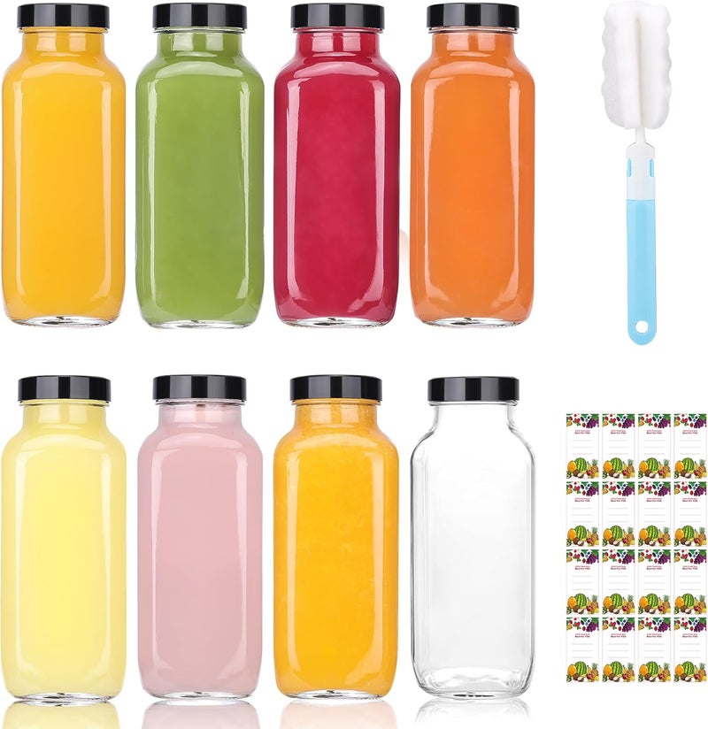 Glasgow 8 Pack 8 oz Glass Juice Bottles with Lids & Labels, Reusable Travel Juice Storage Containers, Clear Glass Drink Jars for Juicing, Water, Ginger, Wellness Shots - Leakproof, Dishwasher Safe - Image 1