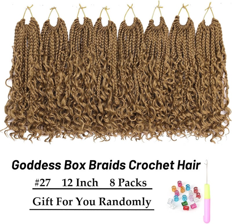 Eerya Goddess Box Braids Crochet Hair 12 Inch 8 Packs Pre-looped Bohemian Crochet Boho Box Braids With Curly Ends 3X Crochet Braids Hair for Women Synthetic Braiding hair(12 inch, #27) - Image 2