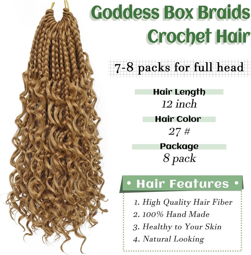 Eerya Goddess Box Braids Crochet Hair 12 Inch 8 Packs Pre-looped Bohemian Crochet Boho Box Braids With Curly Ends 3X Crochet Braids Hair for Women Synthetic Braiding hair(12 inch, #27) - Image 3