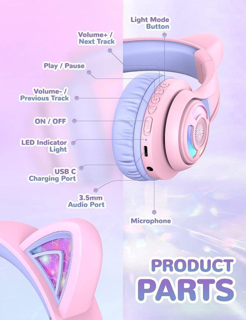 iClever Cat Ear Kids Bluetooth Headphones, LED Lights Up, 74/85dBA Safe Volume Limited, 50H Playtime,Bluetooth 5.2, USB C,Kids Headphones Wireless Over Ear for Travel iPad Tablet, Meow Macaron-Purple - Image 5