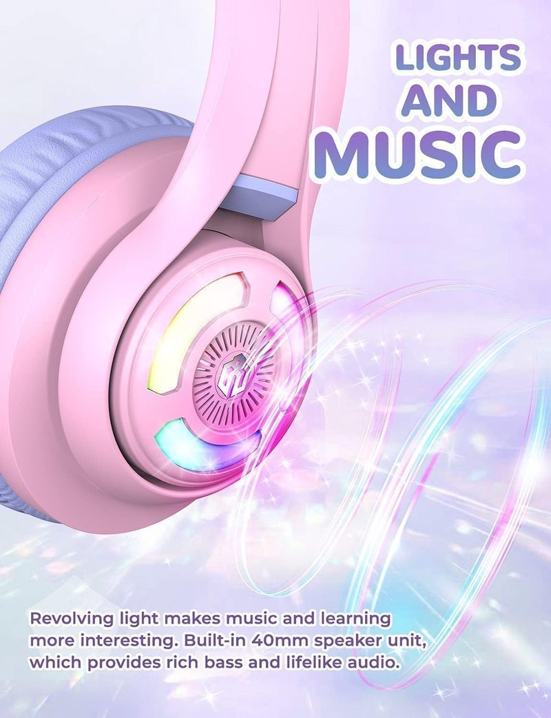 iClever Cat Ear Kids Bluetooth Headphones, LED Lights Up, 74/85dBA Safe Volume Limited, 50H Playtime,Bluetooth 5.2, USB C,Kids Headphones Wireless Over Ear for Travel iPad Tablet, Meow Macaron-Purple - Image 2