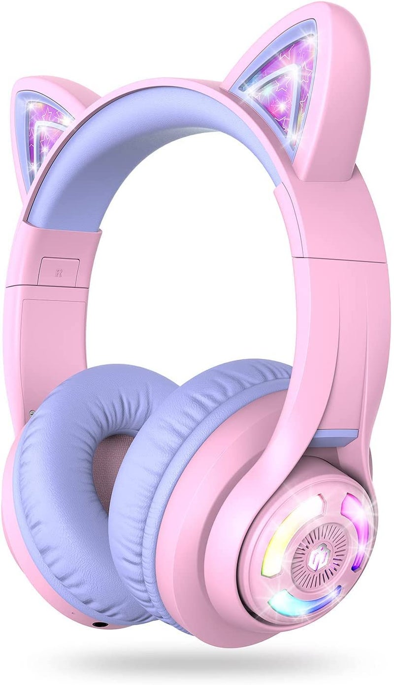 iClever Cat Ear Kids Bluetooth Headphones, LED Lights Up, 74/85dBA Safe Volume Limited, 50H Playtime,Bluetooth 5.2, USB C,Kids Headphones Wireless Over Ear for Travel iPad Tablet, Meow Macaron-Purple - Image 1