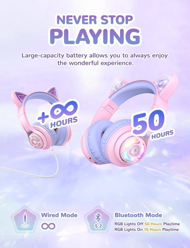 iClever Cat Ear Kids Bluetooth Headphones, LED Lights Up, 74/85dBA Safe Volume Limited, 50H Playtime,Bluetooth 5.2, USB C,Kids Headphones Wireless Over Ear for Travel iPad Tablet, Meow Macaron-Purple - Image 4