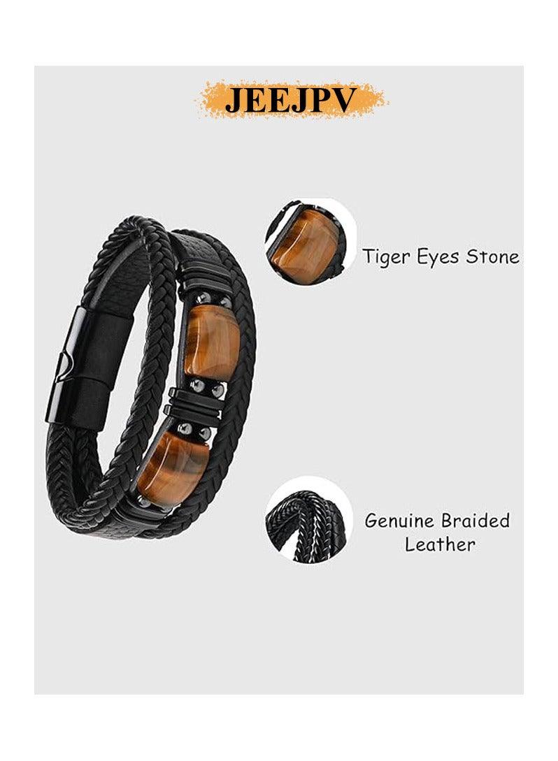 جيج بي في سوار رجالي من حجر عين النمر متعدد الطبقات من الجلد وسوار من الحجر وسوار بإبزيم مغناطيسي (الطول 22.5 سم) - Image 3
